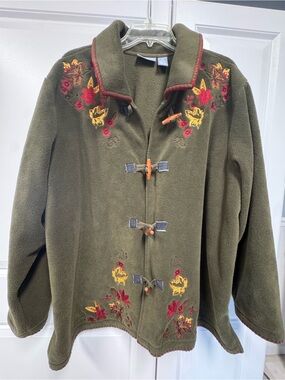 Liz&Me Jacket Wmens 3X Green Fleece Embroidered Collared Cottagecore Leaves Fall